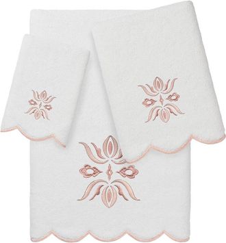 Linum Home Textiles 100% Turkish Cotton Flower Crest Scallop 3Pc Embellished Towel Set