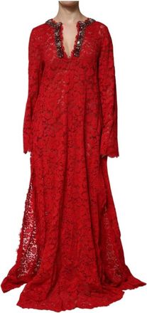 Dolce & Gabbana Rode Bloemen Kant Strass Maxi Jurk - Dames - Avondkleed - Rood - XS - Katoen - Kleedjes