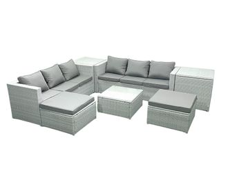 Fimous Rattan Garden Outdoor Furniture Set 8 Seater Rattan Garden Sofa Set with 2 Big Footstools 2 Side Tables Light Grey Mixed