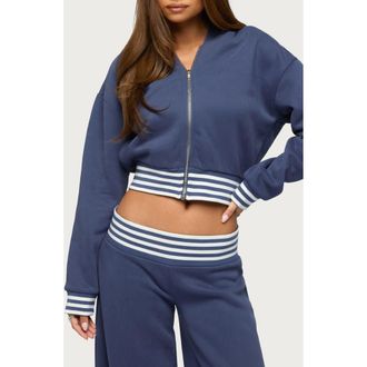 Edikted Eloura Stripe Detail Zip-Up Hoodie in Navy at Nordstrom, Size X-Large