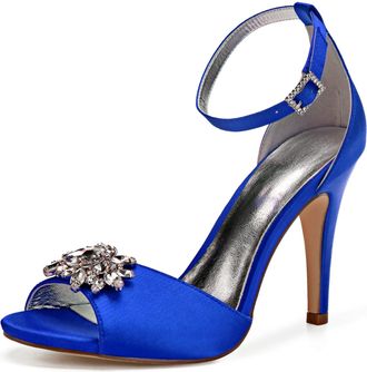 Generic Wedding Shoes Womens Heels Bridal Ankle Strap Open Toe Heels Stiletto High Heeled Sandals for Prom, Party, Daily Wear 10.5Cm,Blue,3 UK