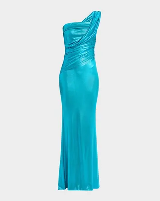 La Petite Robe Di Chiara Boni Ruched One-Shoulder Shimmer Column Gown