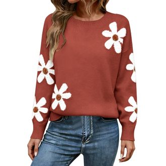 Generic Womens Jumpers Floral Print Crewneck Long Sleeve Knit Sweater Ladies Fashion Casual Knitwear(Brick Red, M)