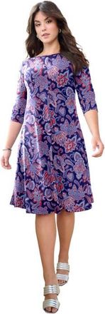 Roaman's Plus Size 3/4 Sleeve Boatneck Swing Dress in Navy Paisley Medallion at Nordstrom, Size 16