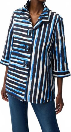 Joseph Ribkoff Stripe Shirred Collar Trapeze Jacket In Blue/vanilla