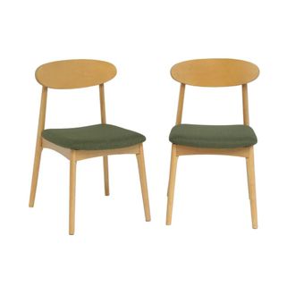 Sweeek Silla vintage de madera de hevea natural y tela, set de 2, verde kaki