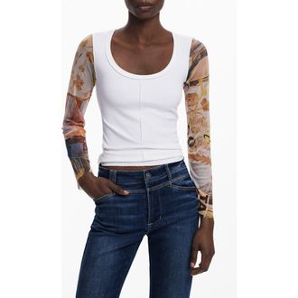 Desigual Mesh Sleeve Scoop Neck Rib Top in Light Beige at Nordstrom, Size X-Small