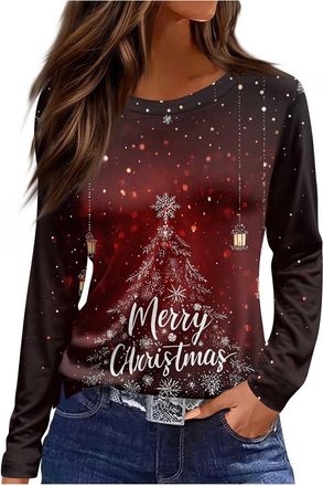 Generic 2025 Christmas Tops for Women UK Casual Long Sleeve Crewneck Lightweight Shirts Fall Trendy Xmas Tree Snowflake Print Blouse Dressy Comfy Loose Fit T-