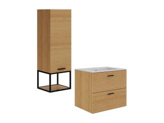 Vente-Unique Mueble de ba&ntilde;o suspendido estriado con lavabo encastrado y columna con hueco - 2 cajones - Natural claro - 60 cm - SARONE