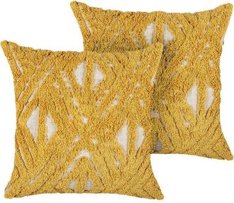 Beliani Beliani - Conjunto De 2 Cojines De Algod&oacute;n Amarillo Mostaza Beige 45 X 45 Cm Geom&eacute;trico Alcea