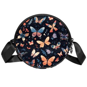 Generic Circle Crossbody Bag for Women, Colorful Butterfly Small Sling Bag Daypack with Zipper Adjustable Shoulder Straps Casual Ladies Girls Round Purse