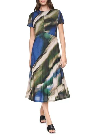 DKNY Ruched Front Print Midi Dress in Brushed Riverside at Nordstrom, Size X-Large