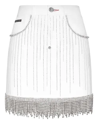 Philipp Plein Denim Skirt Crystal Fringe