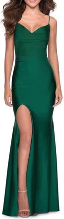 La Femme Form Fitting Jersey Prom Dress with Draped Neckline in Emerald at Nordstrom, Size 10
