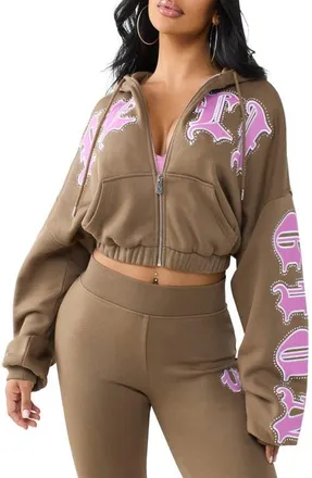 True Religion Crystal Patched Relaxed Full Zip Hoodie in Shitake at Nordstrom, Size X-Small