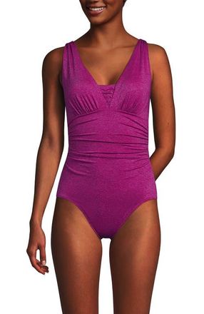 Lands End SlenderSuit Grecian Tummy Control Chlorine Resistant One Piece Swimsuit in Bright Magenta Shine at Nordstrom, Size 24W