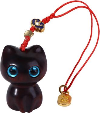 Generic Sandalwood Cat Keychain Phone Chain Hanging Pendant, Cute Animal Key Rings Charms Accessories(red rope,black)