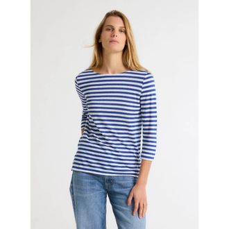 Majestic Filatures Stretch Linen Stripe Three Quarter Sleeve Boatneck T-Shirt in Abyss at Nordstrom, Size 3