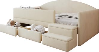STILVORA Cama Div&aacute;n 90 X 190 Cm De Terciopelo Con 2 Cajones, Barandilla Y Escalera Antideslizante, Sin Colch&oacute;n, Beige