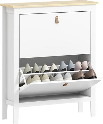 OEM Zapatero Estrecho Con 2 Compartimentos Y Tiradores De Cuero Pu Para Pasillos Y Recibidores 80x24x95,5 Cm Blanco Y Madera