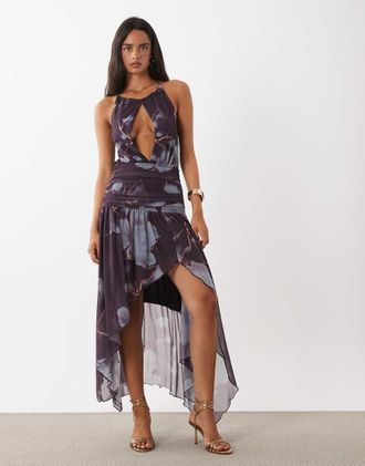 Asos vestito maxi in rete allamericana con apertura a goccia e fondo asimmetrico con stampa floreale viola-Multicolore