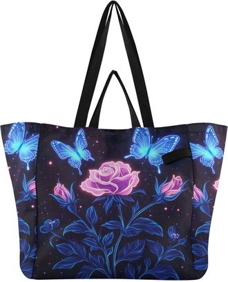 Generic Butterfly Rose Flowers Blue pattern Reusable Canvas Tote Bag, Heavy Duty Grocery Shopping Bag with Hard Bottom Large Capacity Double Handles Work Groc