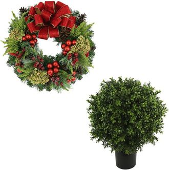 Creative Displays Inc. 26In Traditional Christmas Holiday Wreath & Uv-Rated Boxwood Topiary