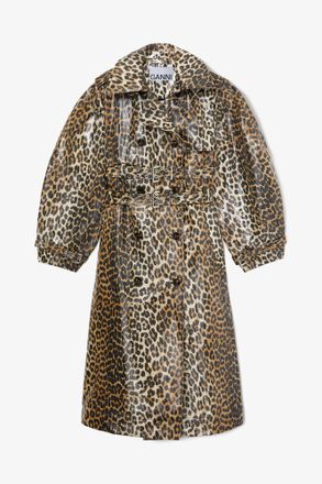 Ganni Brown Leopard Laminated Cotton Trench Coat