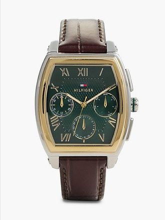 Tommy Hilfiger Square Green Dial Brown Leather Strap Watch