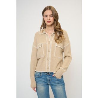 Central Park West Maisie Topstitch Sweater Jacket in Oat at Nordstrom, Size X-Small