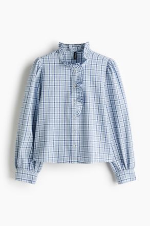 H&M Baumwollbluse mit Volantkragen - Hellblau/Kariert