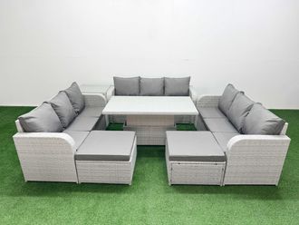 Fimous PE Rattan Lounge Sofa Set 11 Seater Outdoor Garden Furniture Set w/ Adjustable Lifting Dining or Coffee Table 3 Seater Sofa 2 Big Footstools