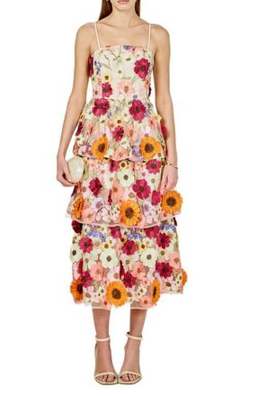 endless rose Embroidered Floral Tiered Dress in Beige at Nordstrom, Size X-Small