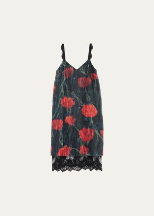 Willy Chavarria Fondo Floral-Print Sleeveless Lace-Trim Midi Slip Dress