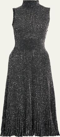 Alaia Mock-Neck Metallic Rib Sleeveless Midi Dress