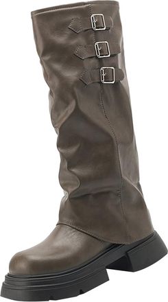 Generic Comfortable Cowboy Boots Heel Womens Boots Breathable Fashion Round Head Chunky Heel Womens Shoes Flat Boots for Women UK (Khaki, 4.5)