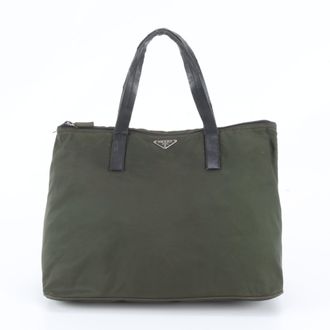 Prada Khaki Leather Nylon Handbag Shoulder Bag Tote Bag (Pre-Owned)