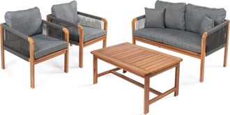 Jonathan Y Designs Tavira 4-Piece Modern Bohemian Acacia Wood Outdoor Patio Set with Cushions and Plain Decorative Pillows, Beige/Light Teak