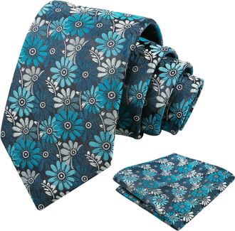Alizeal Mens Flower Necktie Daisy Floral Wedding Business Multicolor Modern Tie and Pocket Square Set, Navy+Teal