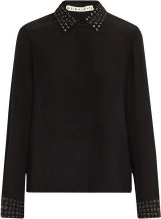 Alice & Olivia Willa Oversized Button Down Shirt with Grommet Detail, Black