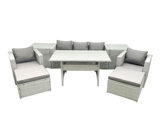 Fimous Garden Dining Set Outdoor Rattan Furniture Set with Sofa Dining Table 2 Chairs 2 Big Footstools 2 Side Tables Light Grey Mixed