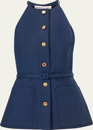 Carolina Herrera Button-Front Belted Halter Peplum Top