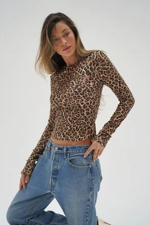 LnA Dalston Ribbed Cropped Long Sleeve in Leopard at Nordstrom, Size Small