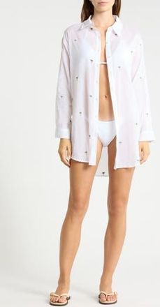 Boho Me Palm Tree Embroidered Cotton Shirt Cover-Up in White at Nordstrom Rack, Size X-Large