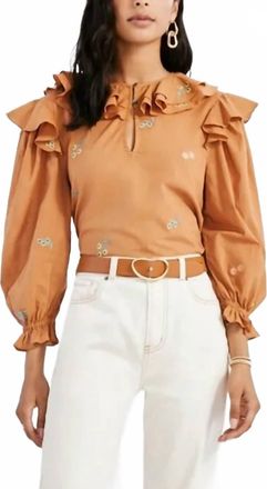 Something Navy Embroidered Ruffle Top In Camel