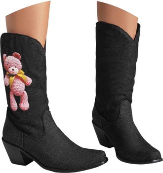 Generic Womens Cowboy Boots Cute Bear Embroidered Mid Calf Pull on Boots Square Toe Chunky Heel Womens Western Cowgirl Boot Black