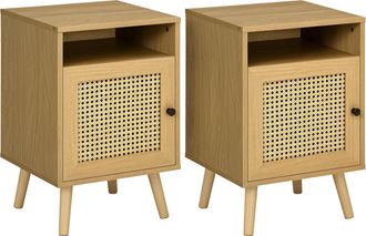 OEM Juego De 2 Mesillas De Noche Estilo Cannage Con Puerta Y Estante Abierto Mesas Auxiliares 39x35x60 Cm Natural