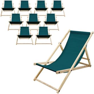 ECD Germany Set di 10 Sedie a Sdraio Verde Scuro in Legno di Pino fino a 120 kg Schienale Regolabile 3 Posizioni Lettino Prendisole da Esterno per Spiaggia