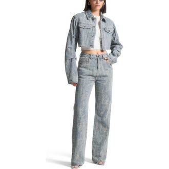 Mani&egrave;re De Voir Alice Cropped Distressed Denim Jacket in Mid Blue at Nordstrom, Size 14
