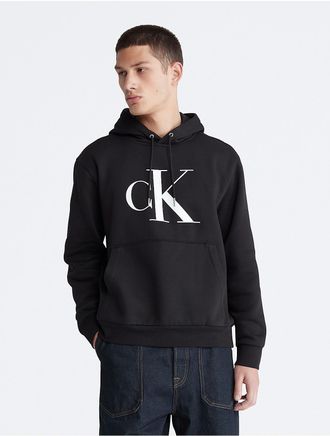 Calvin Klein Mens Monogram Logo Fleece Hoodie - Black - XS